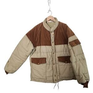 Vintage Puffer Coat Mens Sz Large Tan Brown 80s Utility Farm Ranch Western Warm
